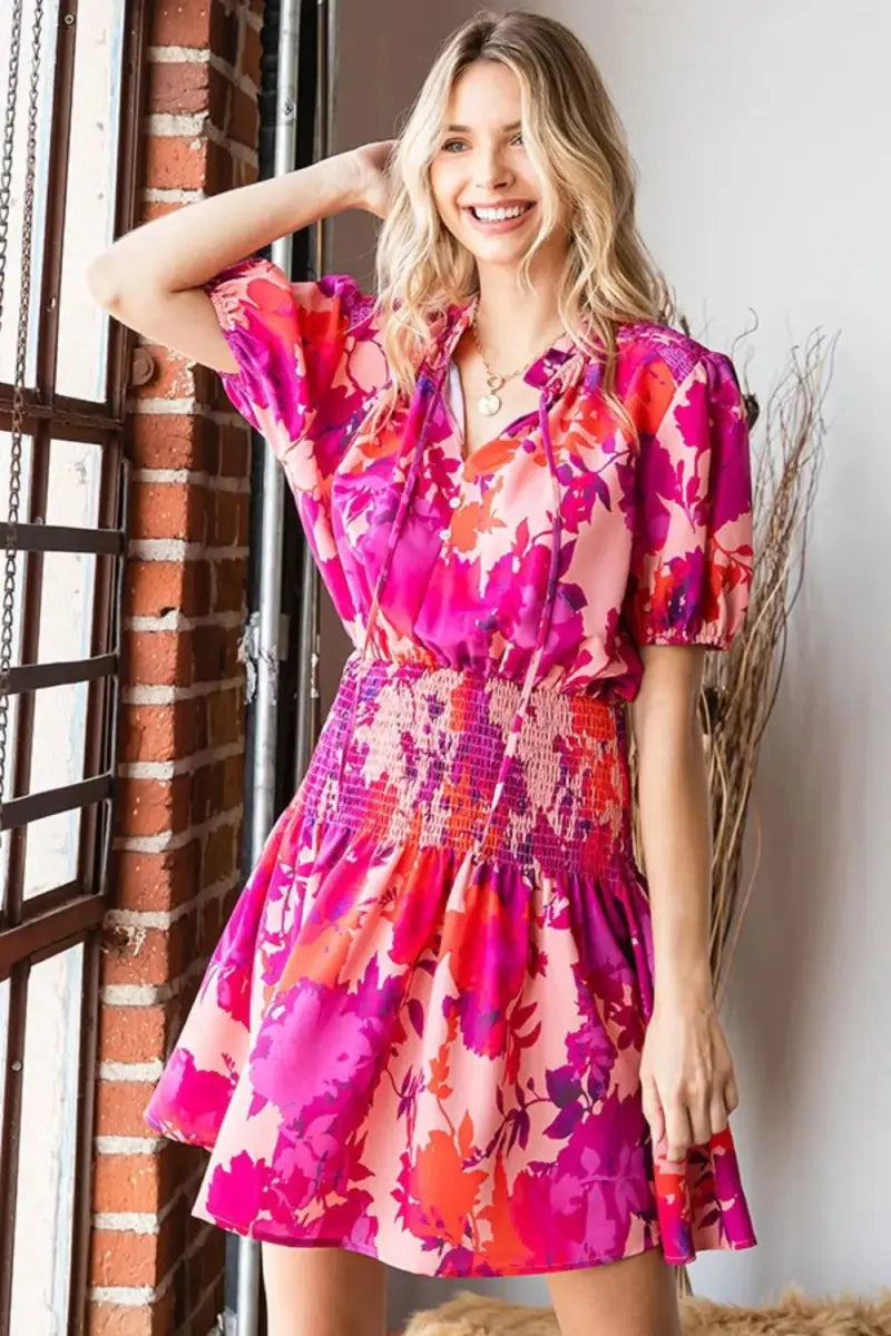 First Love Floral Short Sleeve Smocked Mini Dress for Women - Love Salve
